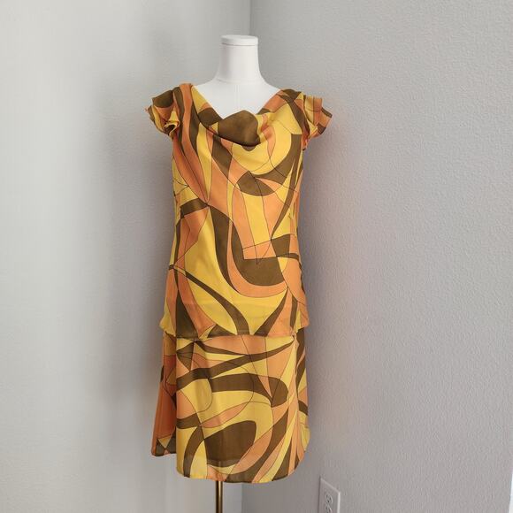 Vintage 70s Borrellini Abstract Cowl Neck Top and Skirt Set Yellow Orange M L - Picture 2 of 10